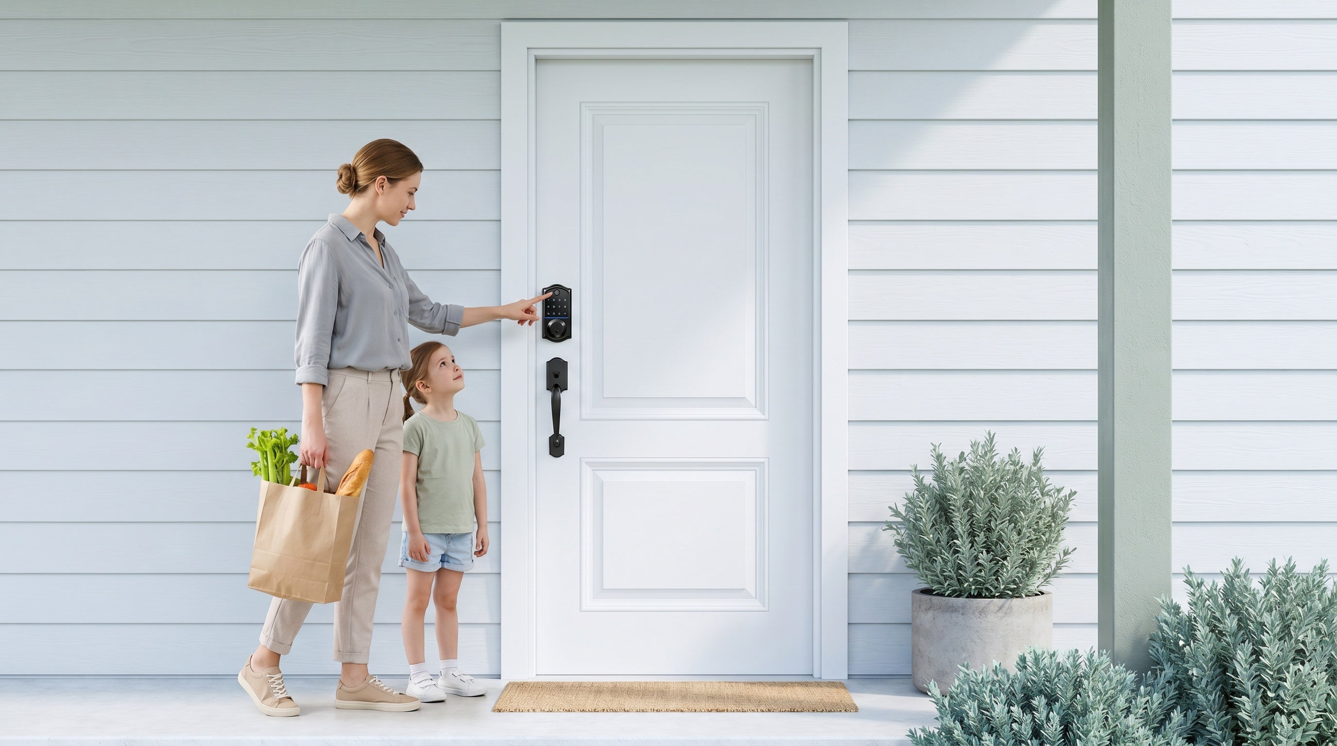 Mom with grocery bags uses fingerprint smart lock at white front door beside daughter — keyless entry for busy families