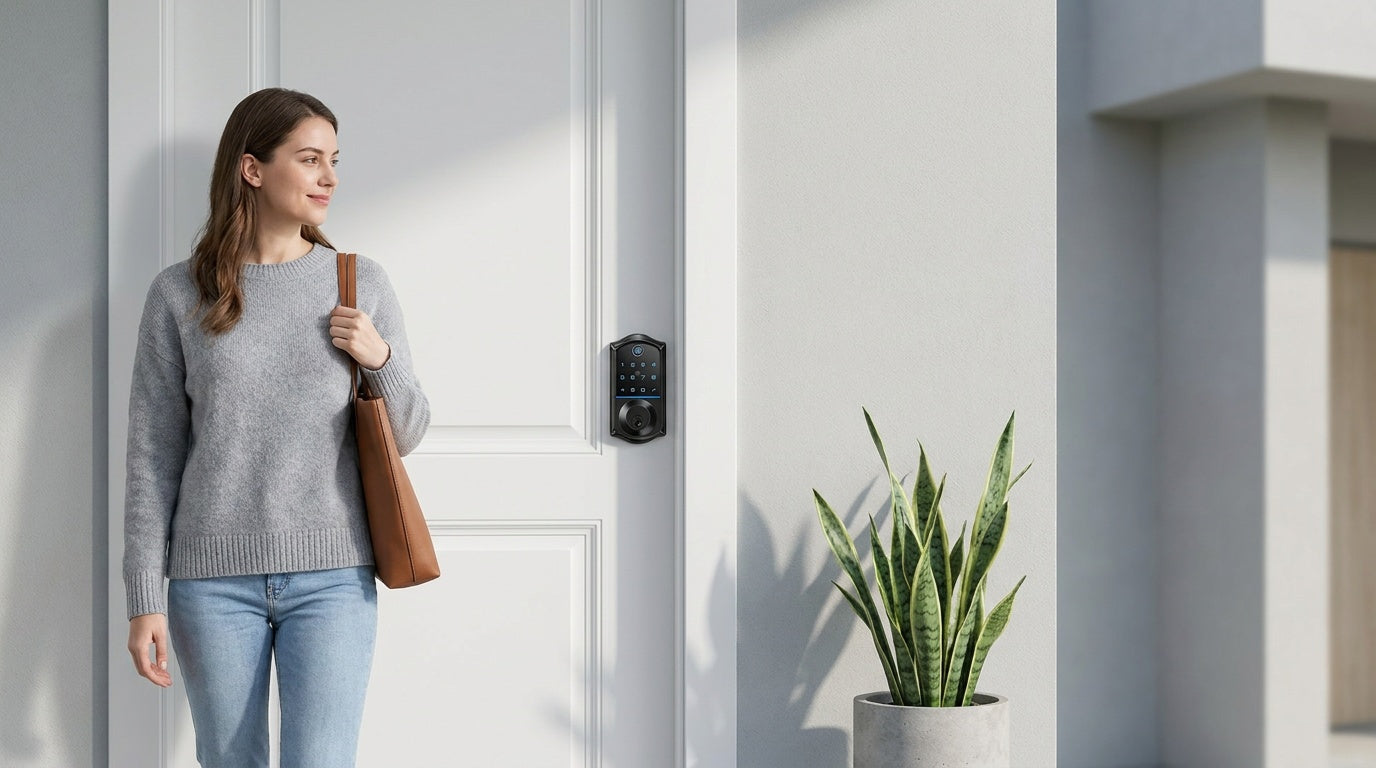Woman with a tote at a white condo door with a Veise fingerprint smart deadbolt — HOA-friendly keyless entry