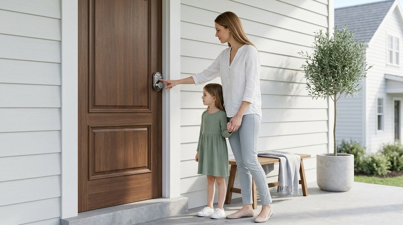 Mom and young daughter at walnut wood front door with Veise keypad deadbolt โ DIY deadbolt install guide for homes