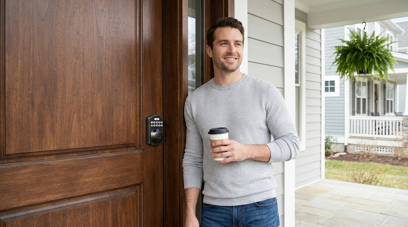 Man with coffee beside a walnut wood front door fitted with a keypad smart deadbolt — secure deadbolt keyless entry