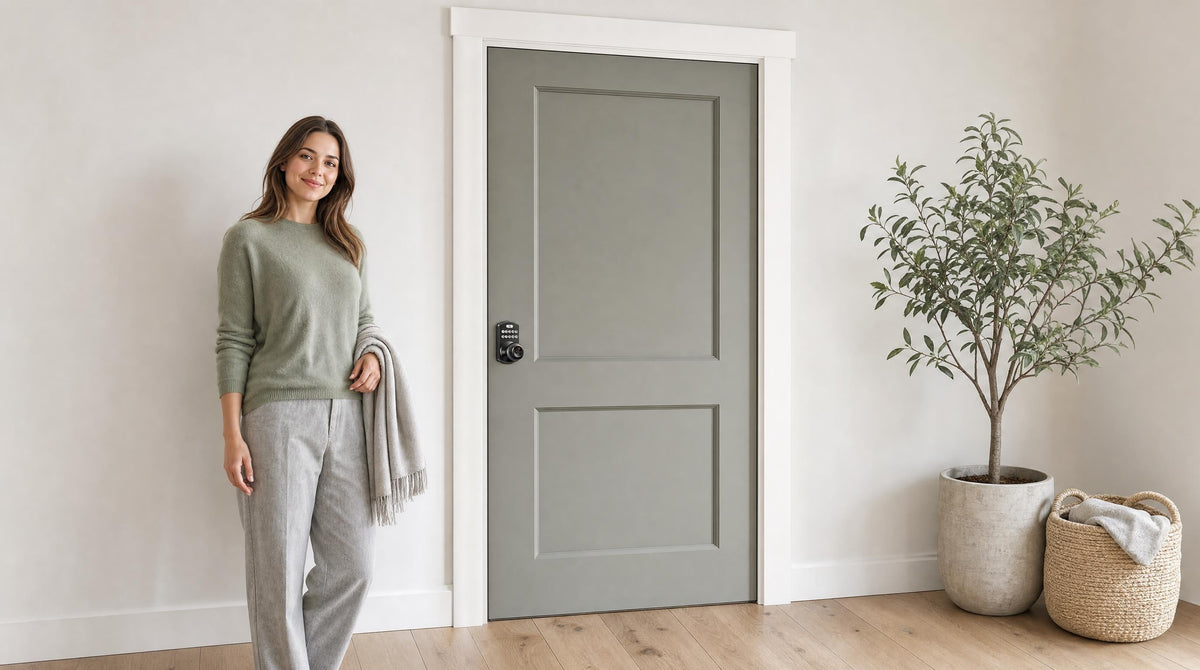 Woman at a grey-green bedroom door with a KS03 keypad knob lock - locking door knob for bedroom privacy