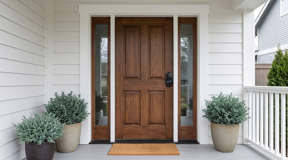 Walnut front door with a VE017 keypad smart deadbolt fitted at the correct backset - keyless entry, home security