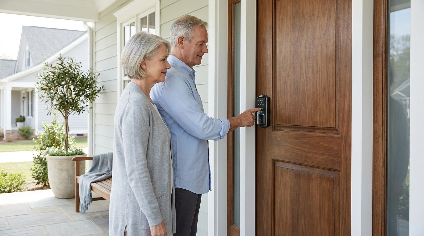 Retiree couple entering a code on an electronic keypad deadbolt at a walnut front door — keyless entry security
