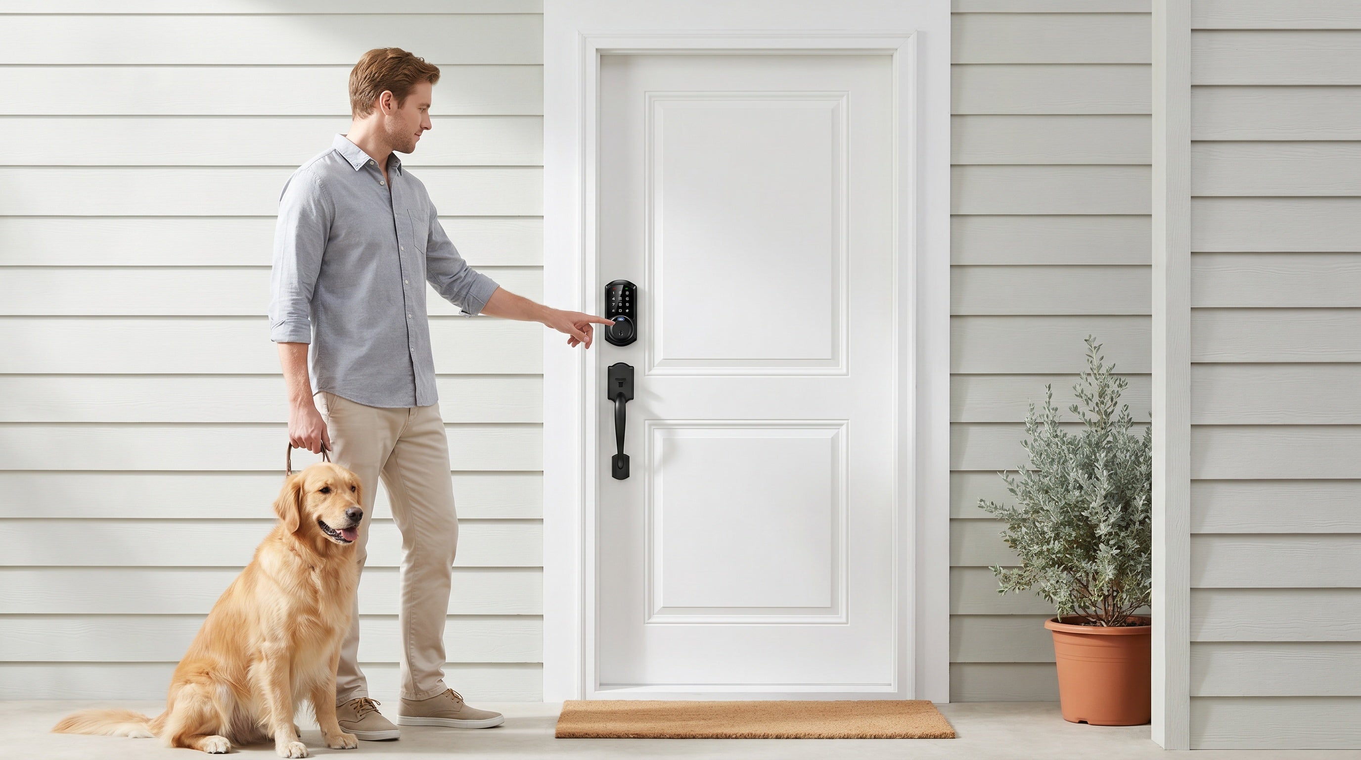 Man with dog using fingerprint smart lock at white front door — keypad, fingerprint and smart lock comparison guide