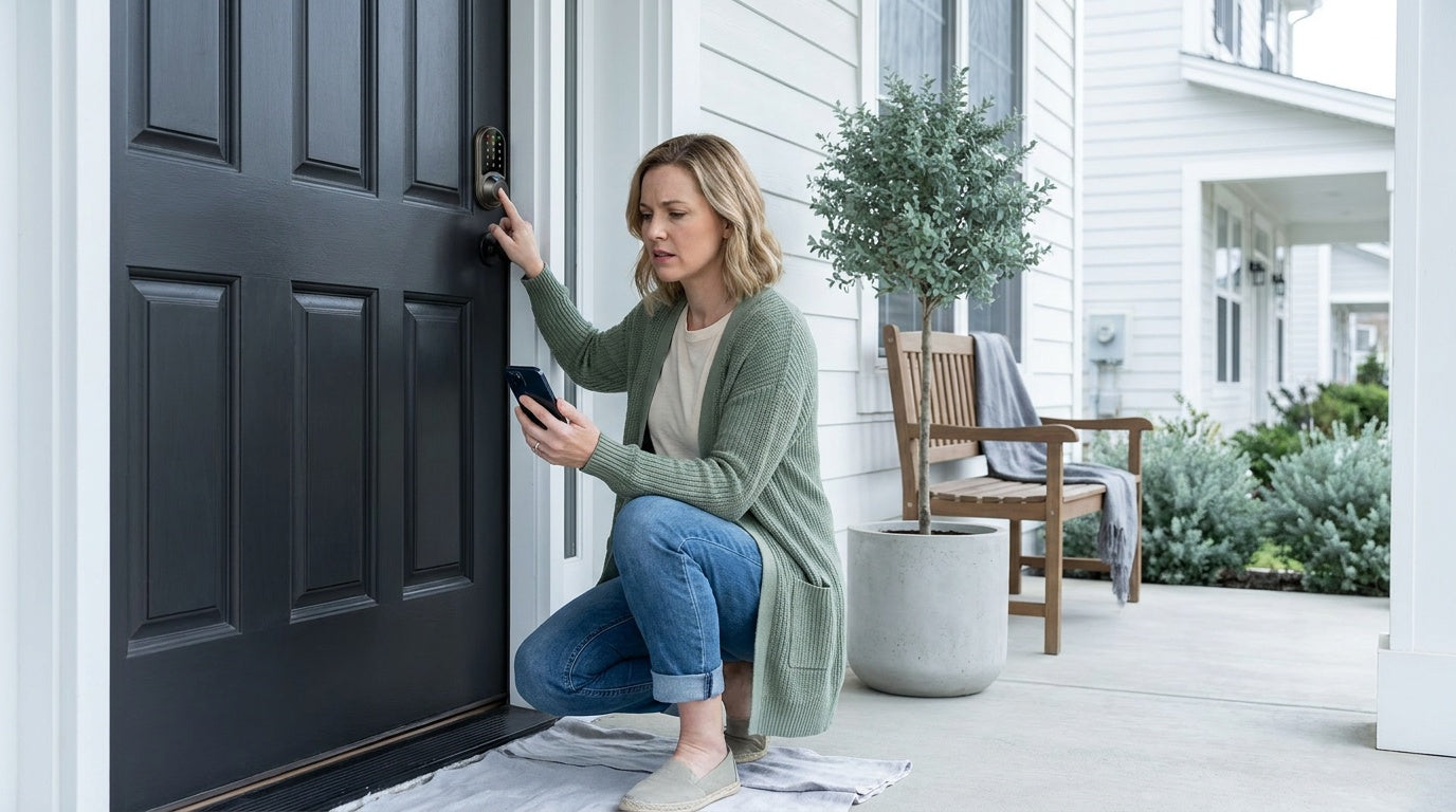 Woman troubleshoots Veise fingerprint smart lock on black-grey door — fingerprint door lock not working fixes