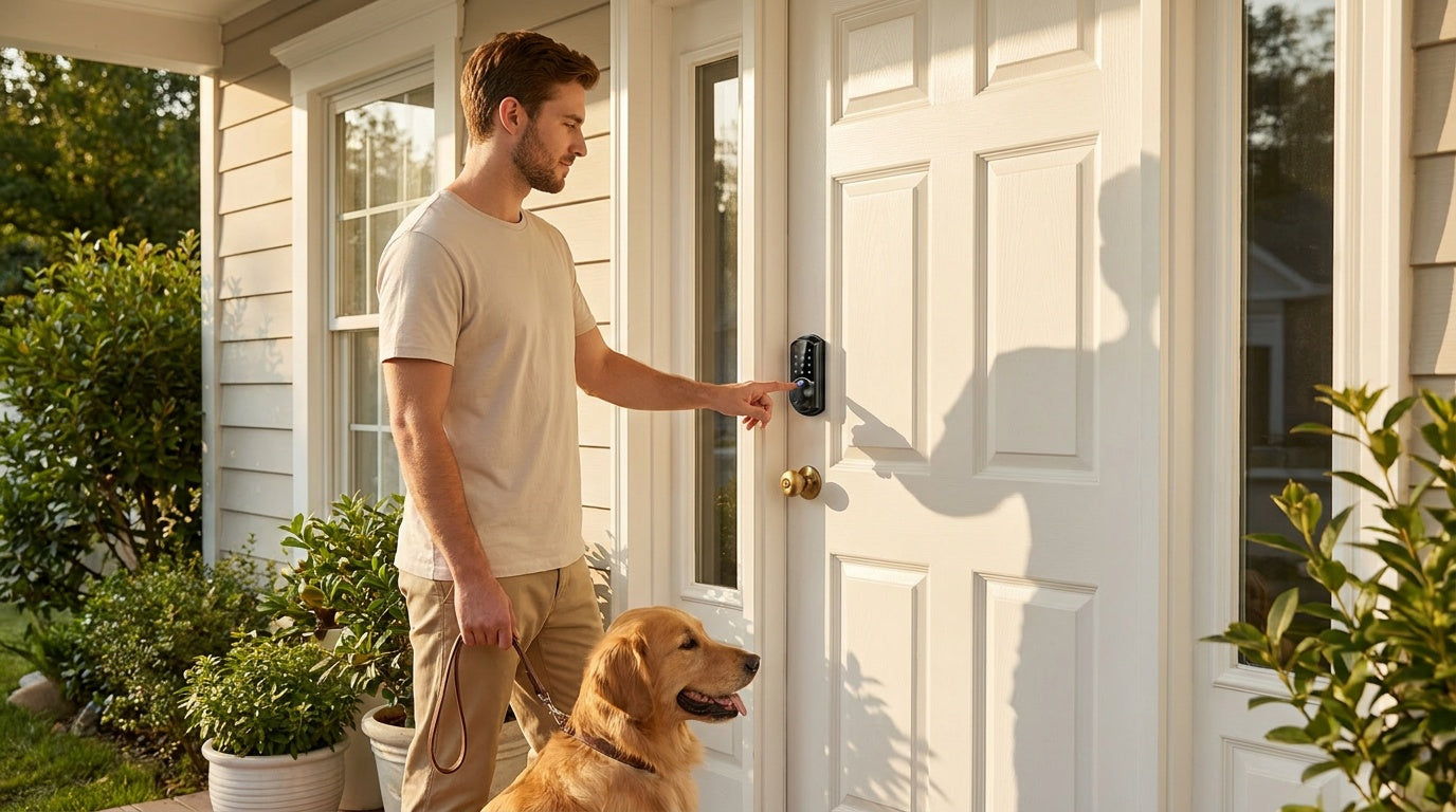Man at front door using black fingerprint smart deadbolt for keyless home entry, golden retriever beside him, smart-home access