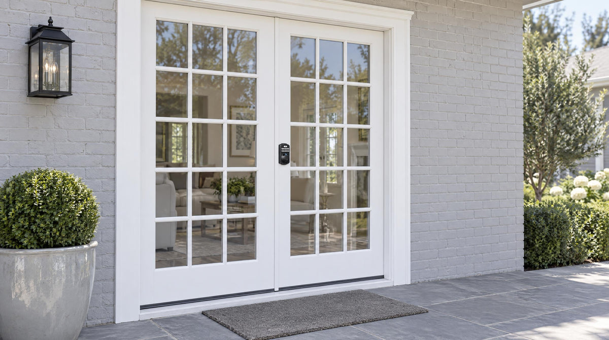White French doors fitted with a KS02A keypad fingerprint deadbolt - smart lock for French doors and keyless patio entry