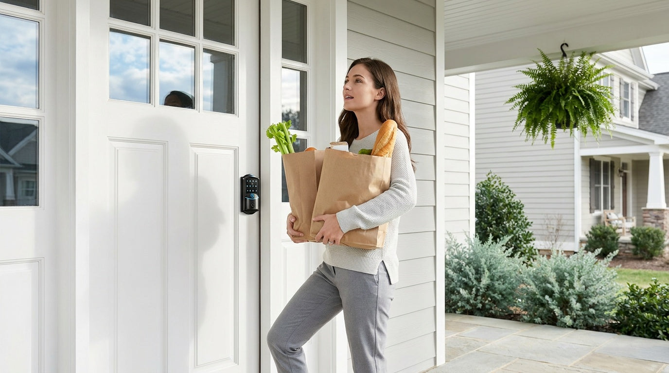 Woman holding groceries at a white front door with a Wi-Fi smart lock — Google Home voice control and keyless entry