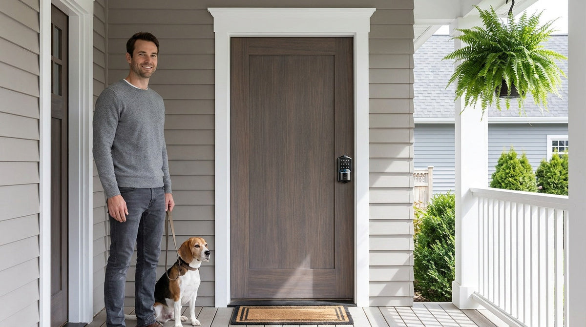 House sitter with a dog at a walnut door fitted with a VE027 Wi-Fi smart lock - keyless entry, no spare key
