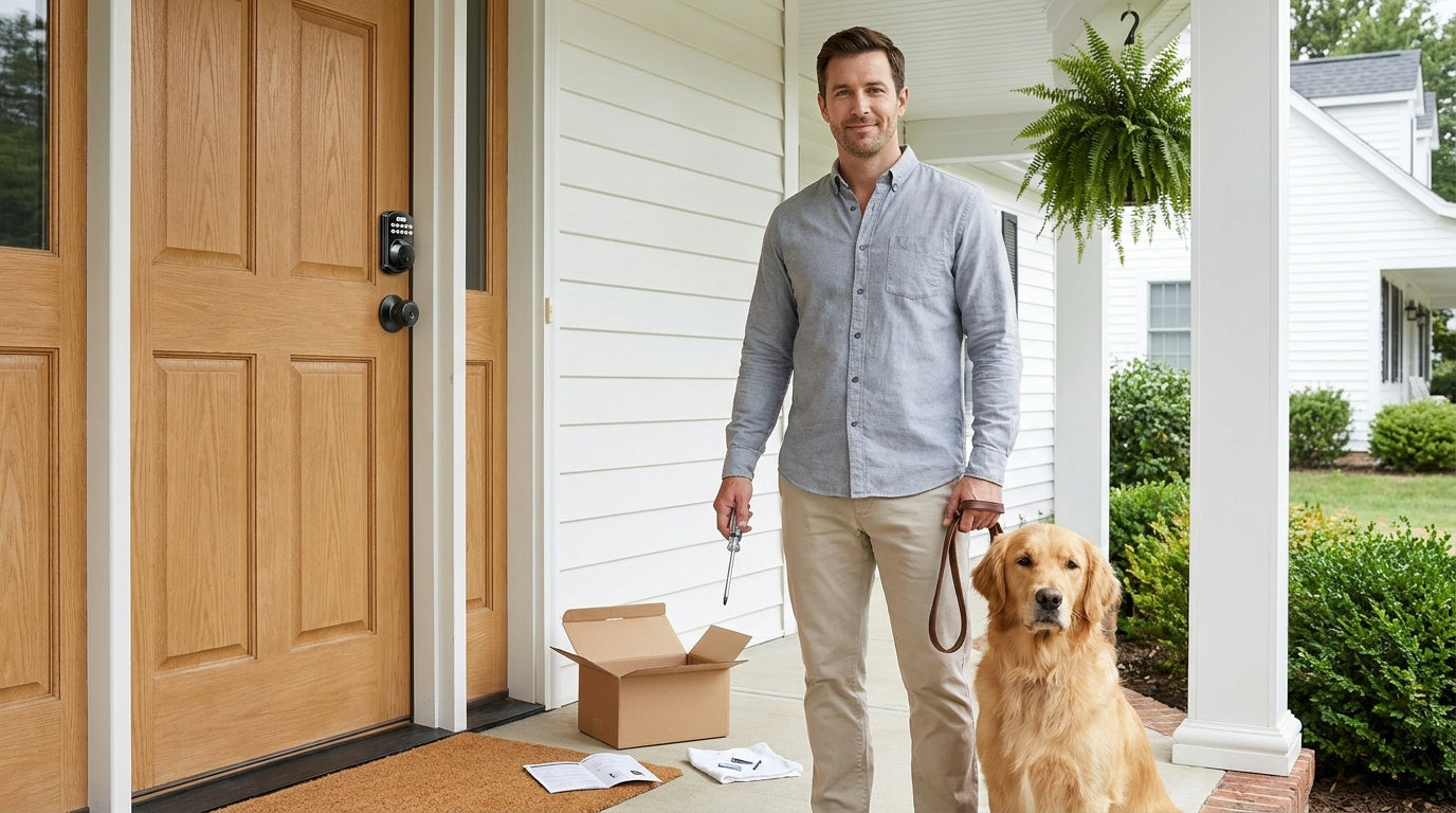 Man with golden retriever beside Veise Wi-Fi smart lock on oak front door — DIY install a smart lock in 15 minutes