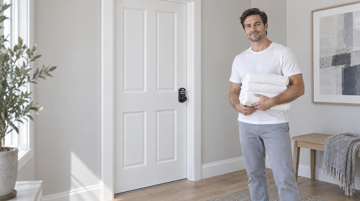 Man with towels at a white interior door with a KS03 keypad knob lock - interior door lock types for privacy and security