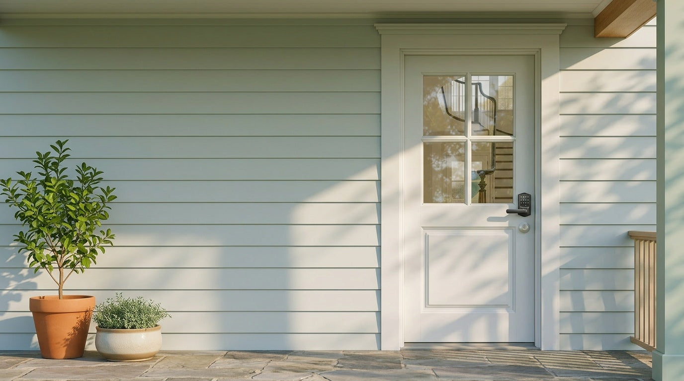 Keyless entry door lock with keypad mounted on a white front door of a sunlit suburban porch โ modern home security