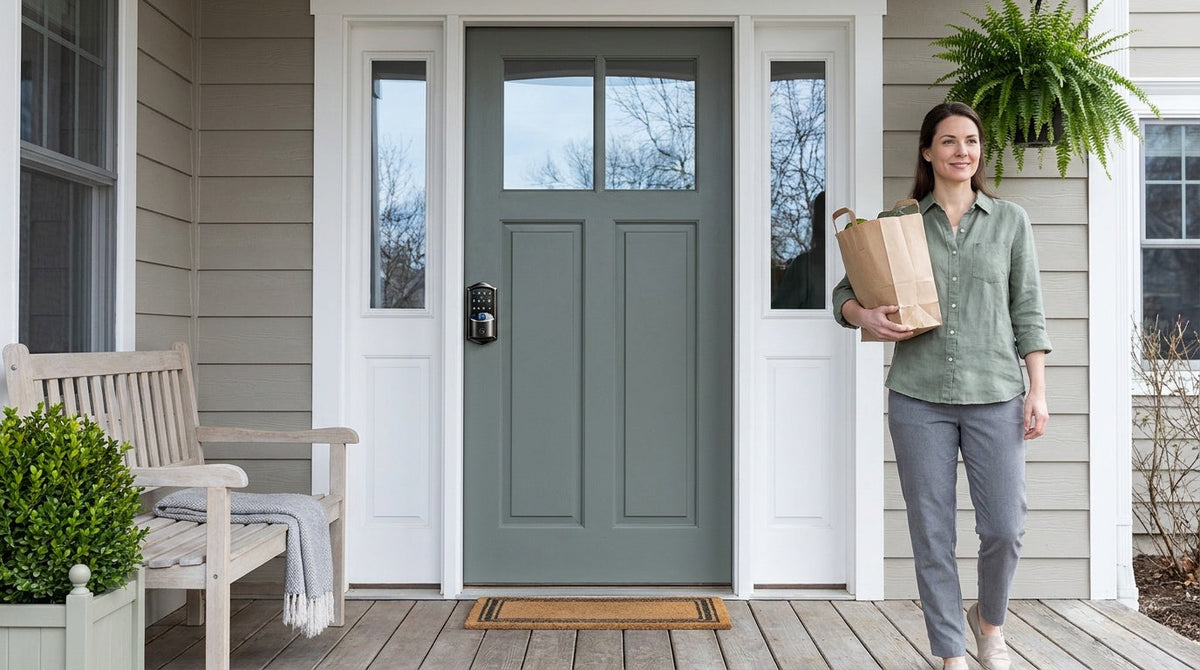 Woman with groceries at a grey-green front door with a keypad smart lock — one code for every door, keyless entry