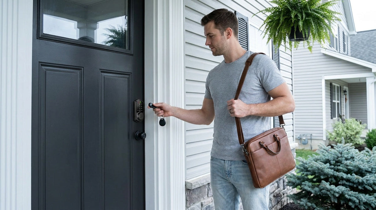 Man tapping an RFID key fob on a smart lock at a black front door — keyless entry and home security