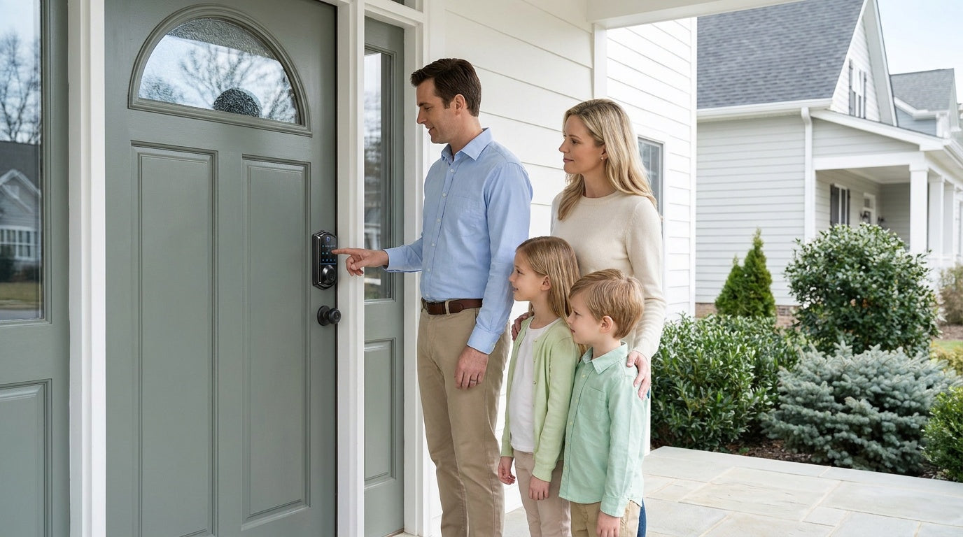 Family using a fingerprint smart lock at a grey-green front door — keyless entry and front door home security