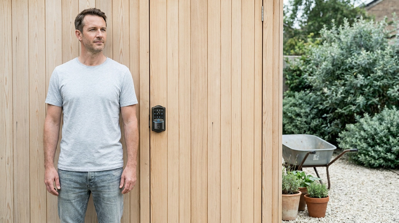 Man beside a wood shed door with a Veise Wi-Fi fingerprint smart deadbolt — keyless entry for outbuildings