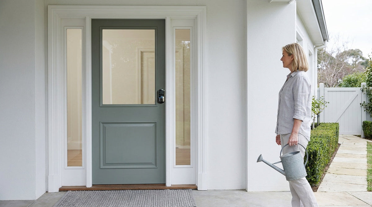 Woman beside a glass-panel front door with a Veise smart deadbolt β single vs double cylinder security