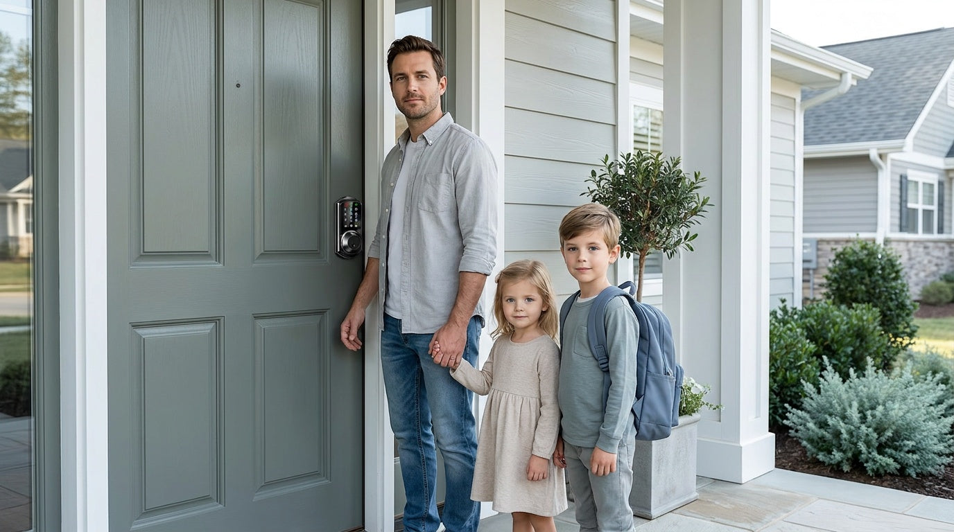 Dad and two kids at a grey-green front door with a fingerprint smart lock — keyless entry for busy families
