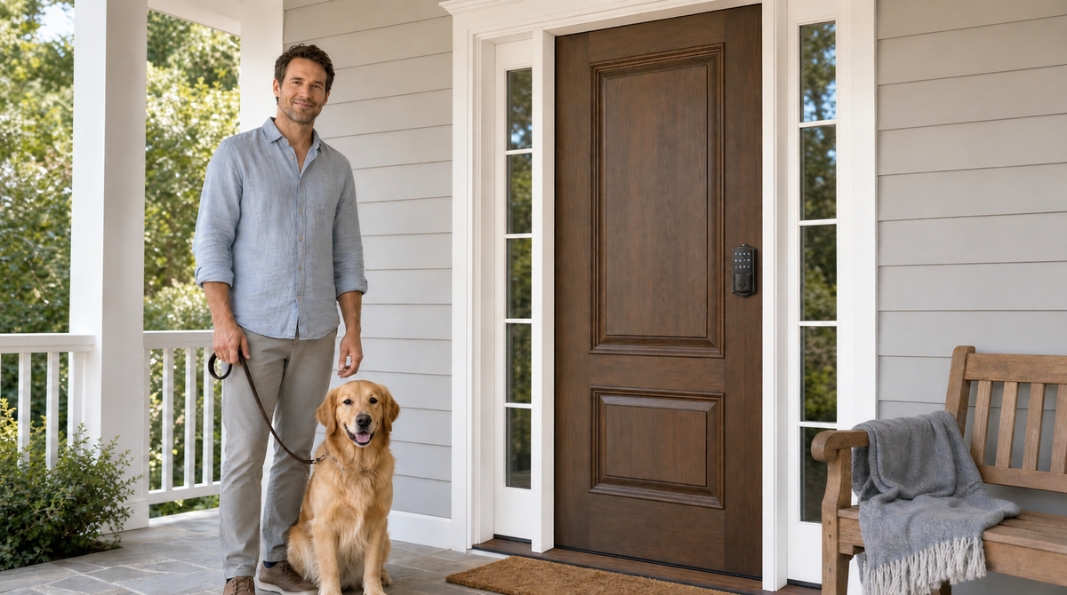 Man and dog at a walnut front door with a VE027 touchscreen smart deadbolt - keyless entry and auto lock