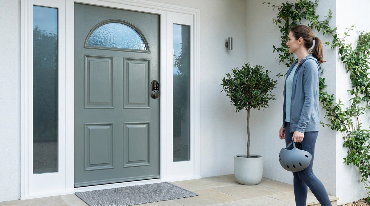 Grey-green front door with a Veise fingerprint keypad deadbolt β keypad and smart deadbolt types compared