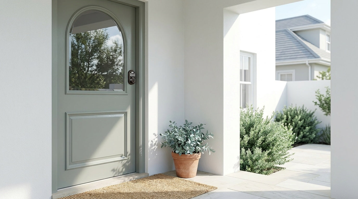 Keypad deadbolt lock on a grey-green wood front door — comparing door lock types for keyless entry security
