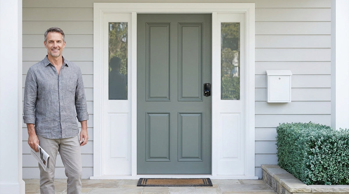 Man beside a grey-green front door with a VE017 keypad smart deadbolt - keypad door lock types and keyless entry