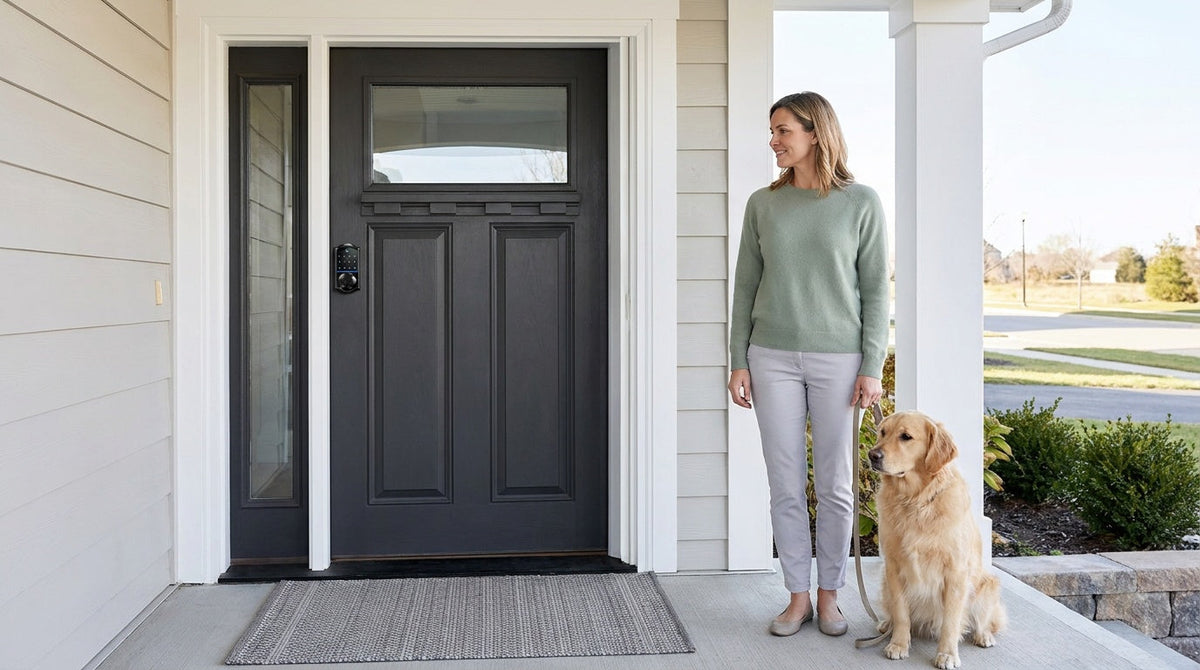 Woman and her dog at a black front door with a Veise smart deadbolt β deadbolt security and keyless entry