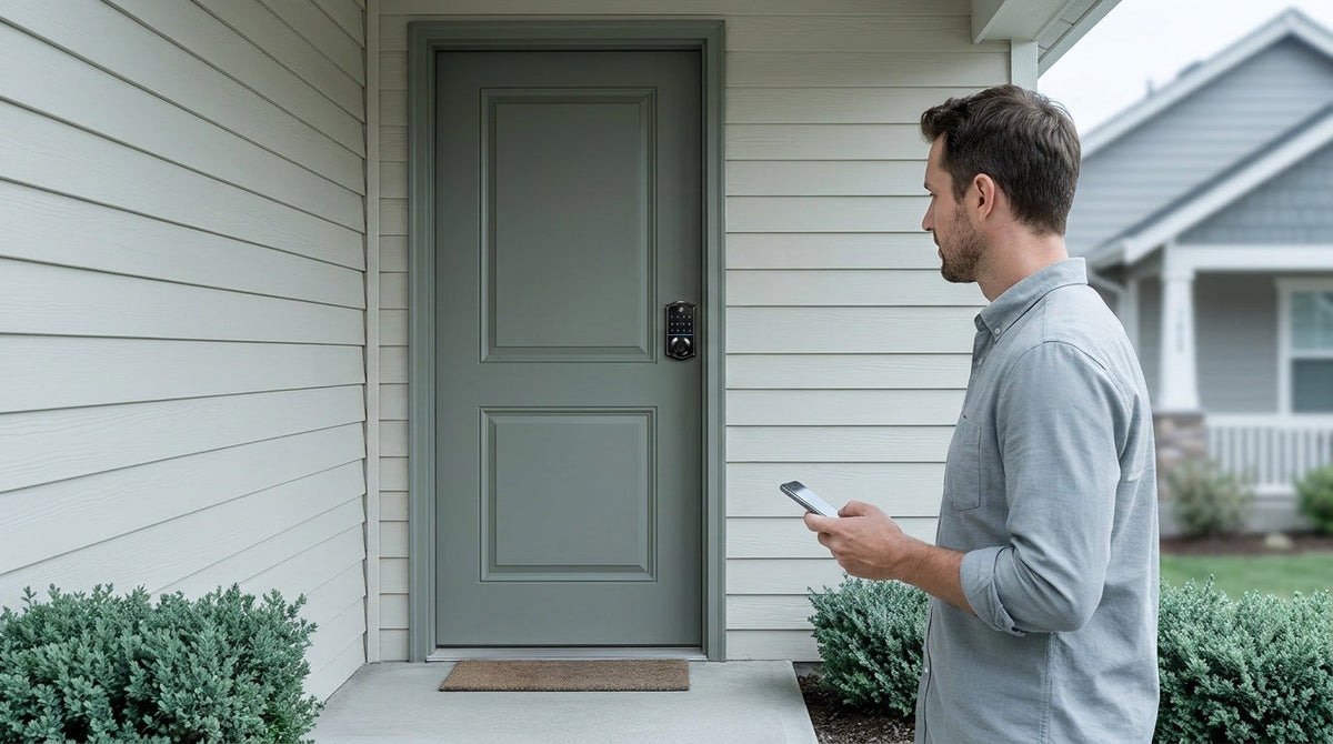 Man with phone beside a grey-green door with a Veise smart lock — gateway app control for remote keyless entry