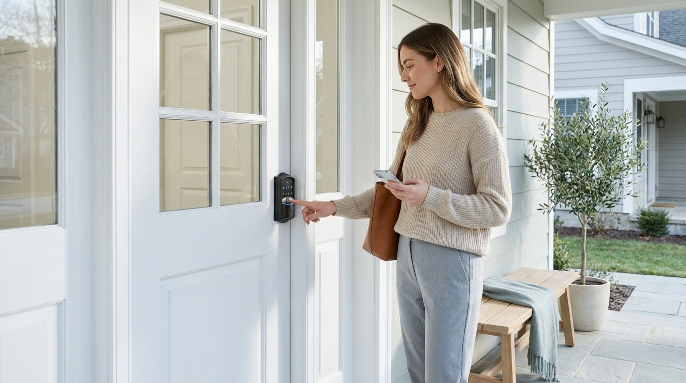 Woman using a fingerprint Wi-Fi smart lock and phone app at a white front door — remote keyless entry