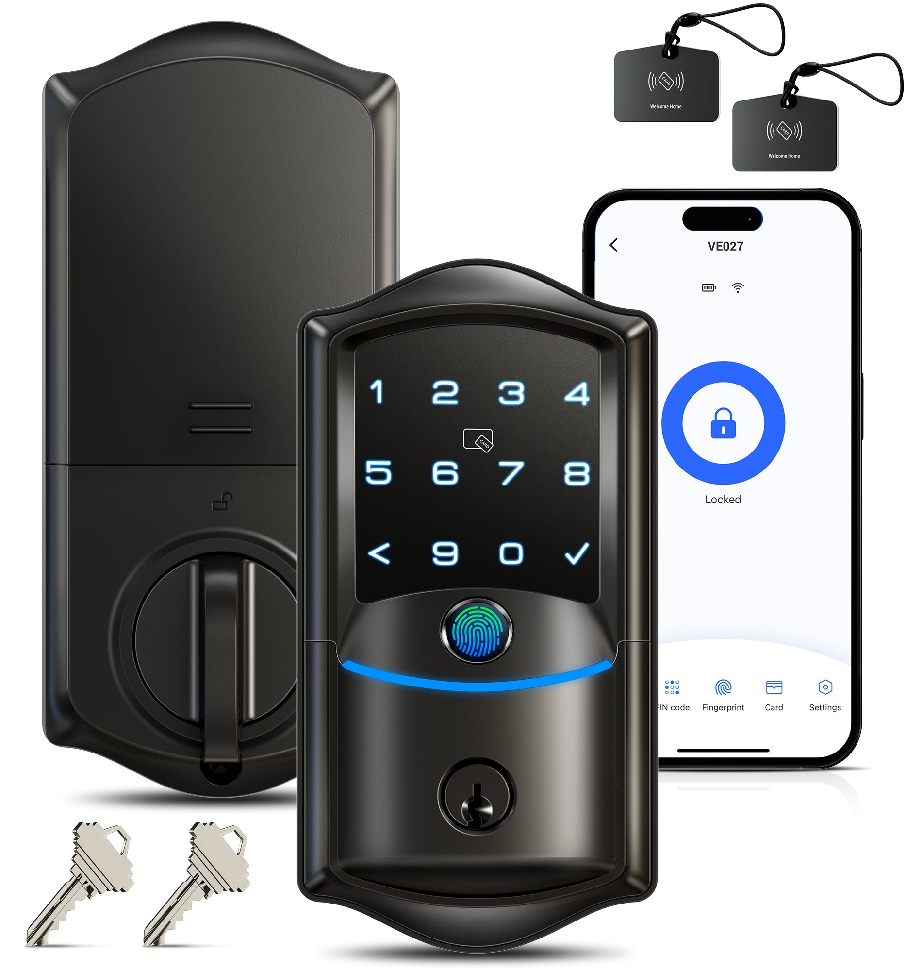 Veise VE027 Built-in Wi-Fi Fingerprint Smart Door Lock, Electronic Digital Keypad Deadbolt, Keyless Entry, App Remote Control, No Bridge Required, IP65 Waterproof, Auto Lock, Matte Black