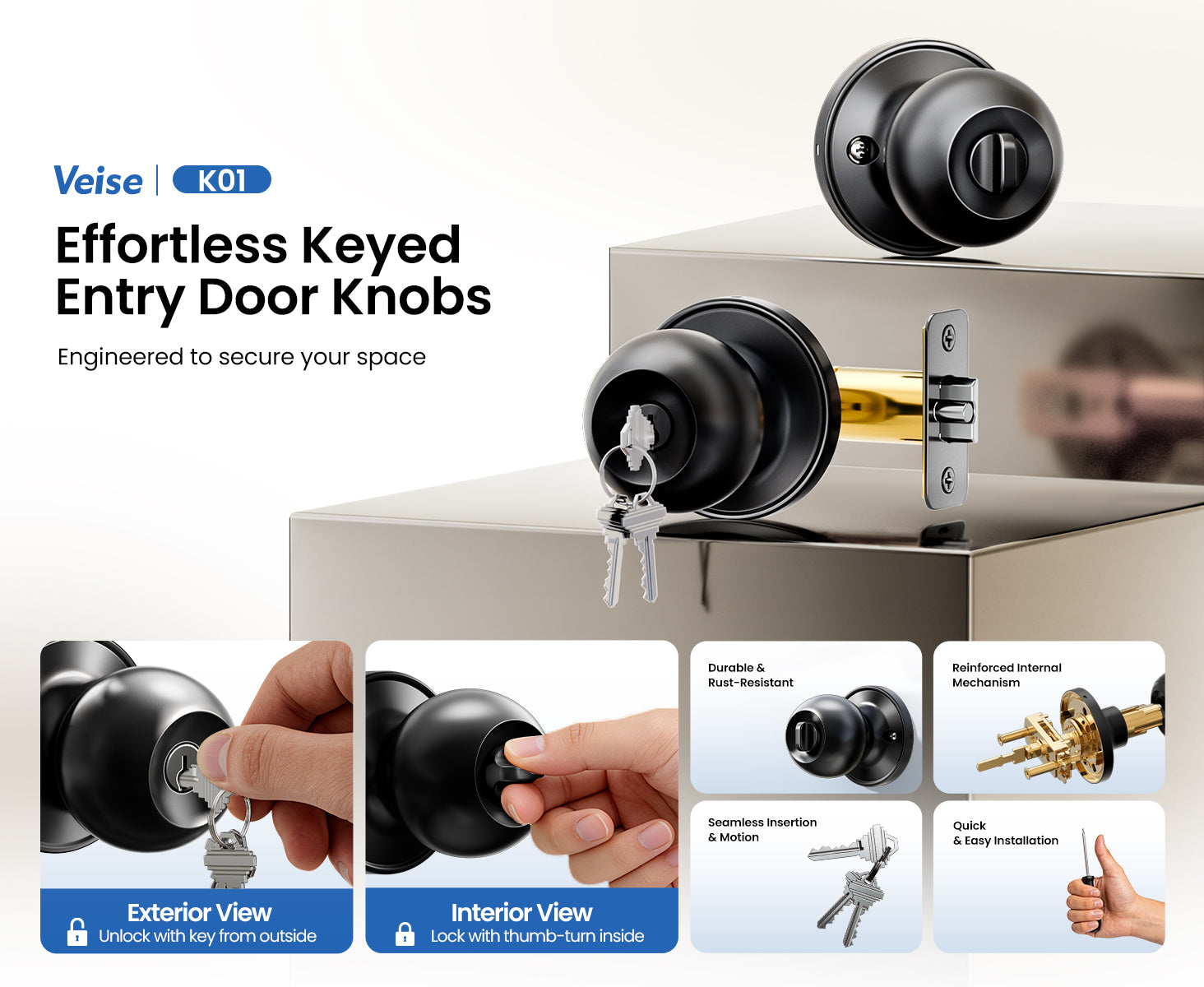 Veise K01 Keyed Entry Door Knob with Lock & Key