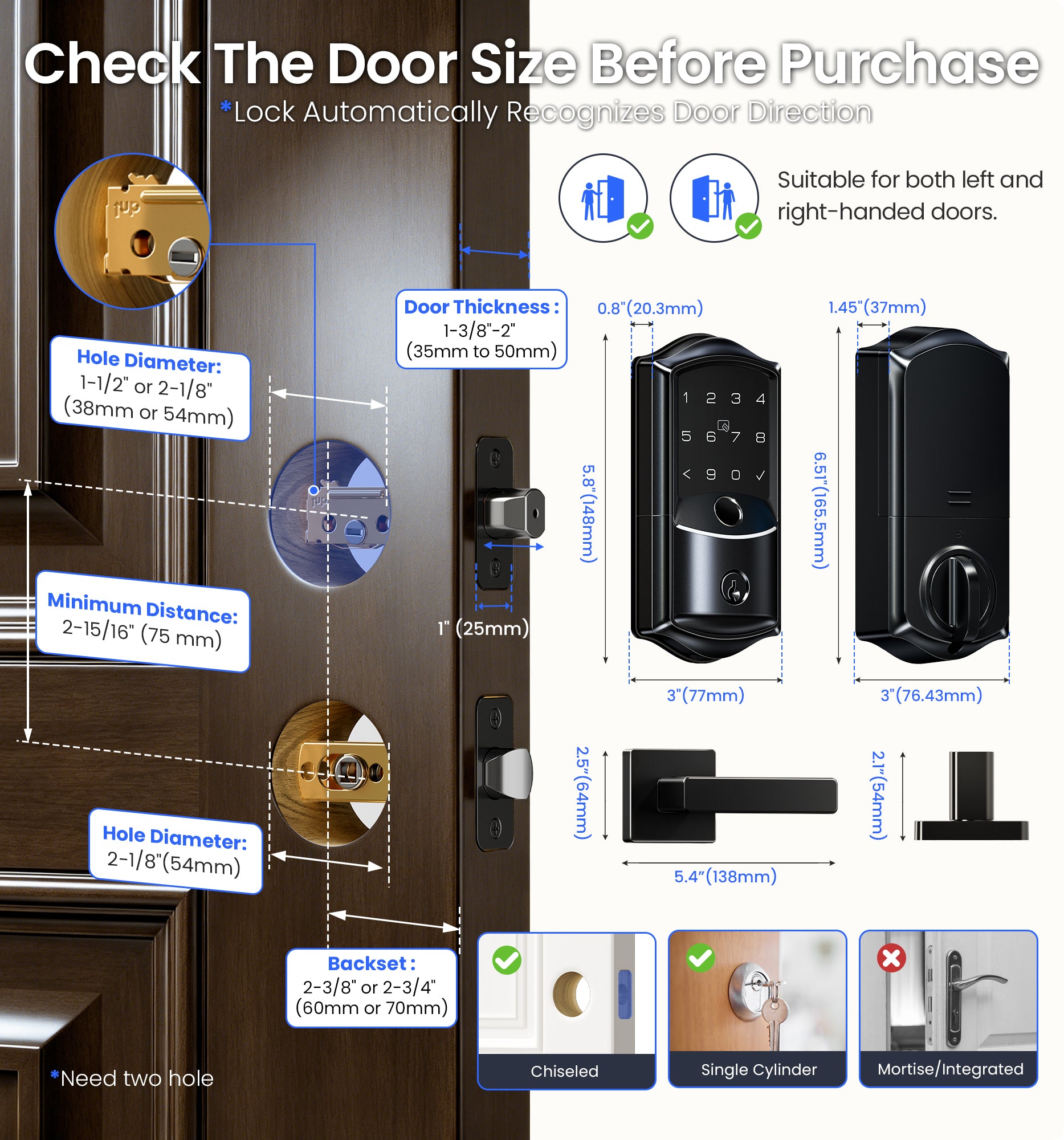 Veise VE027-L Built-in WiFi Smart Lock with Handles Fingerprint keyless Entry