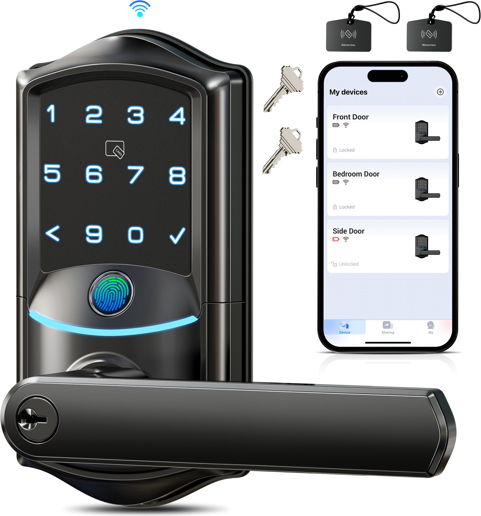 Veise VE029 WiFi Smart Lever Lock, Fingerprint Keyless Entry Door Lock with Handle, Built-in WiFi, Remote App Control, Electronic Deadbolt for Front Door and Bedroom, IP65 Waterproof, Matte Black