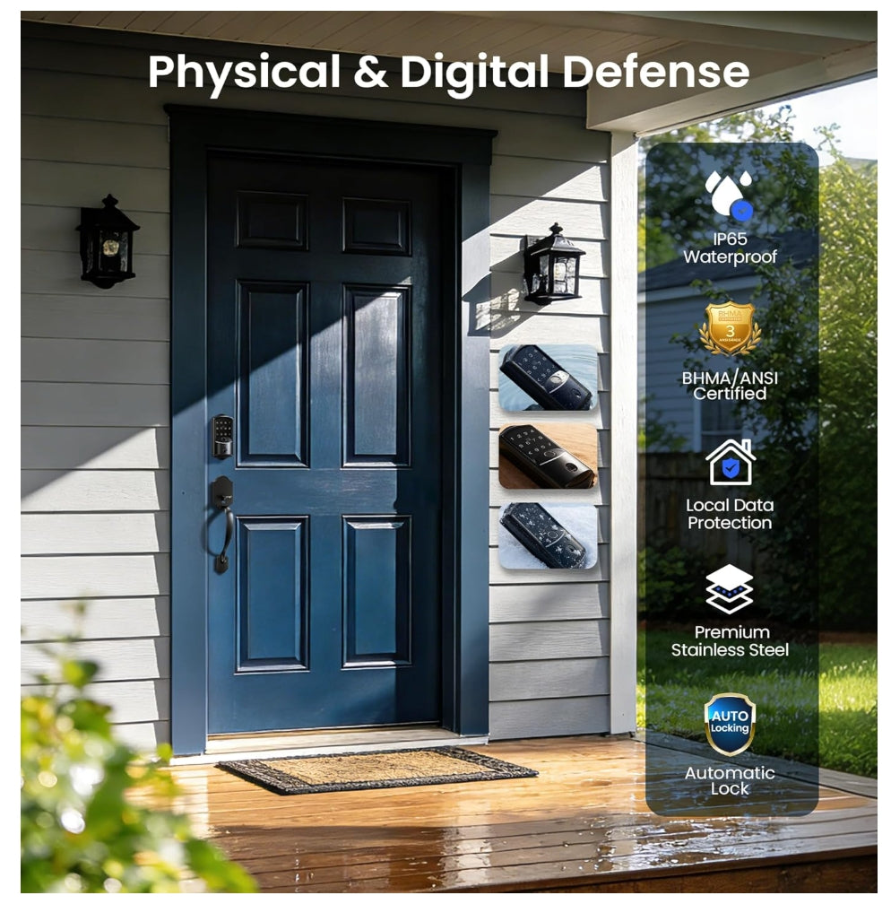 IP65 waterproof, BHMA/ANSI certified deadbolt with premium stainless steel build, local data protection, and auto-lock.