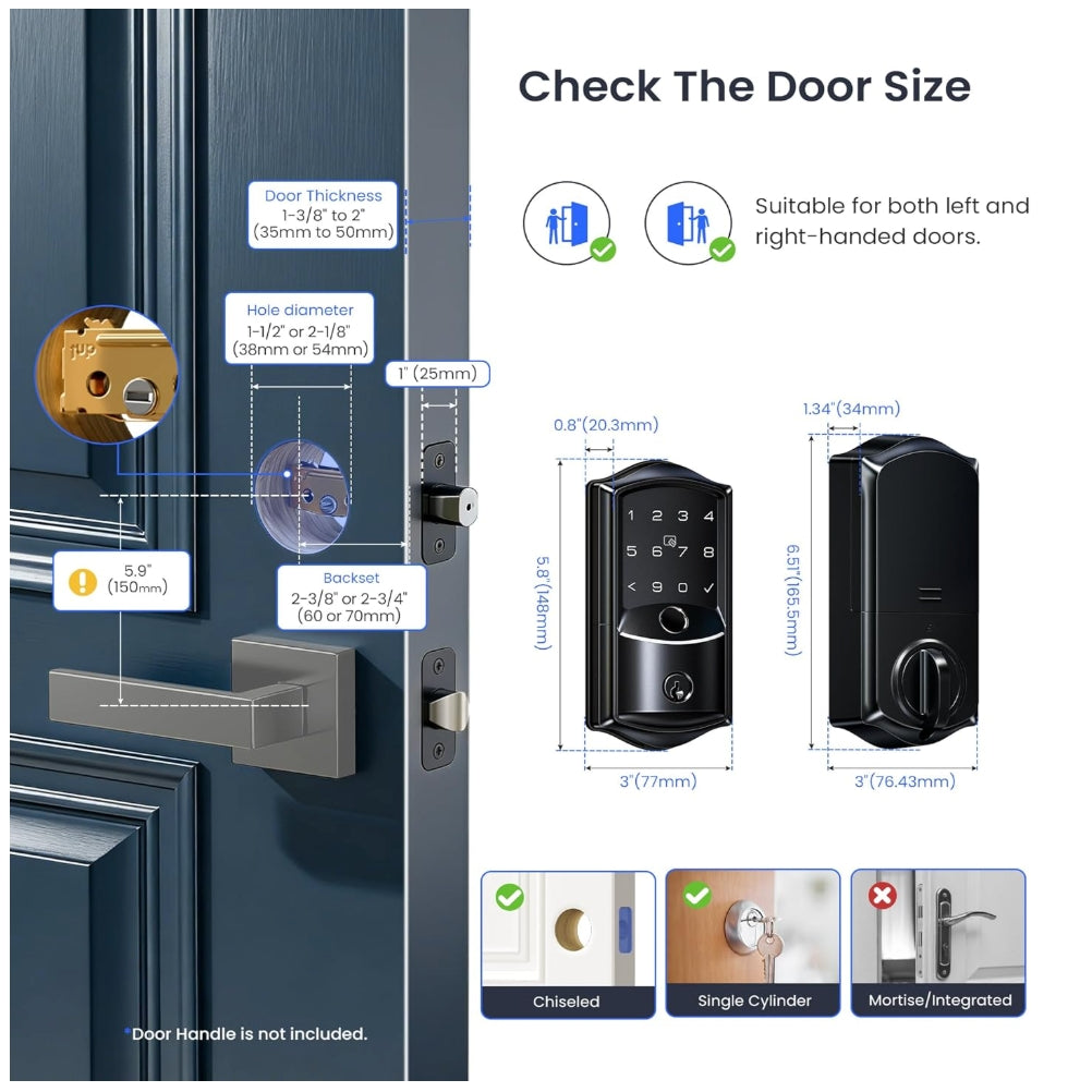 Fits doors 1-3/8" to 2" thick, compatible with chiseled and single cylinder doors, supports left and right-hand installation.