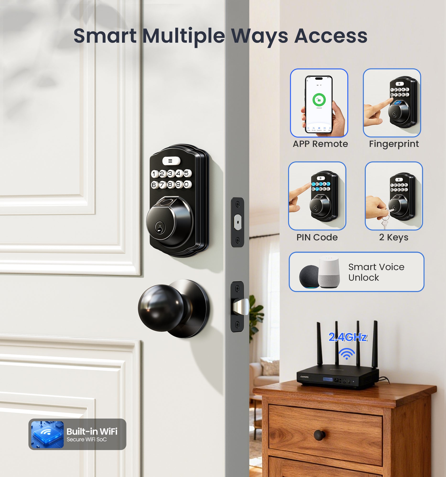 App remote, fingerprint, keypad codes, backup keys, and voice assistants unlock VE012W-K from anywhere