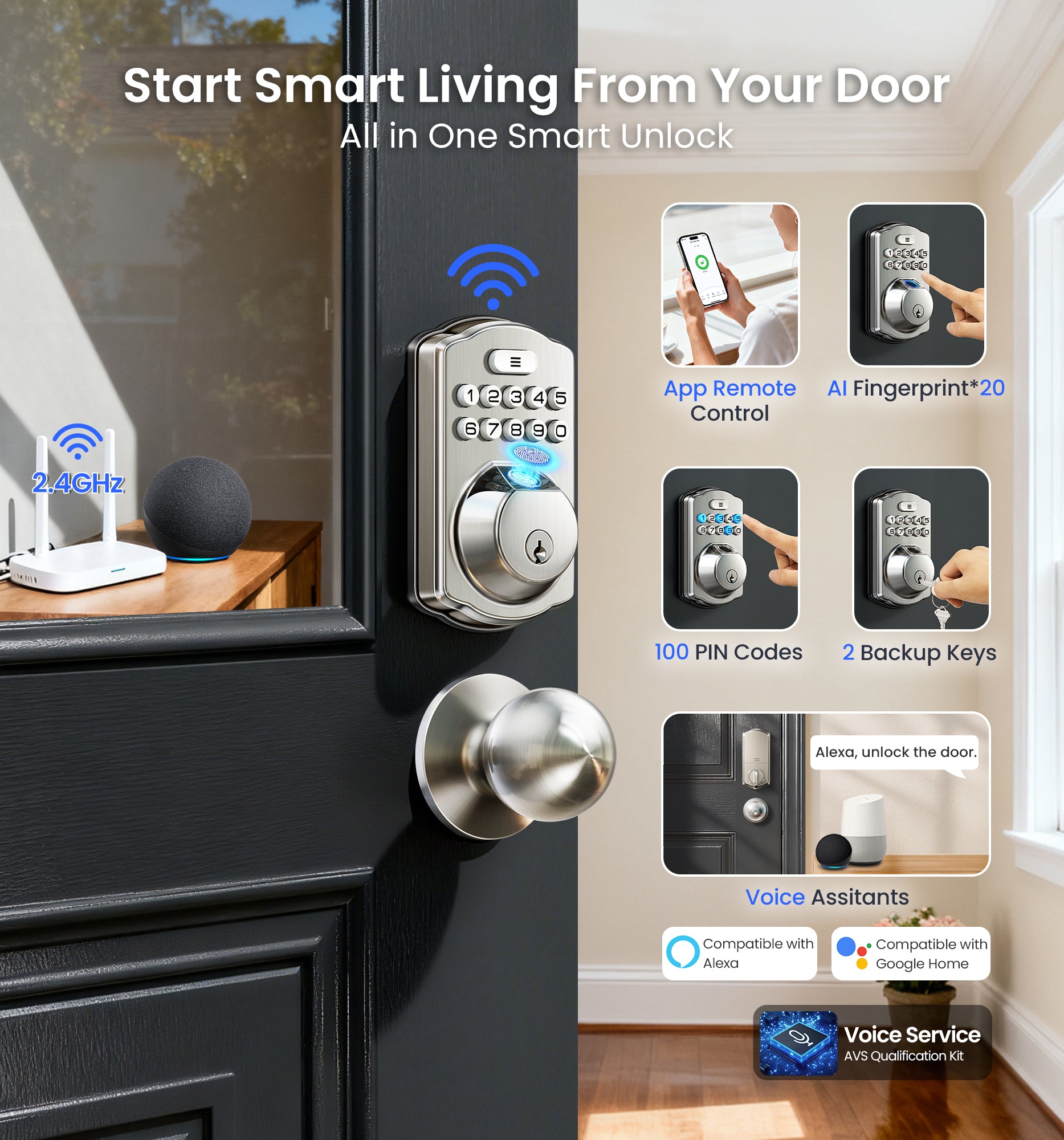 Veise VE012W-K Built-in WiFi Fingerprint Smart Lock with 2 Knobs