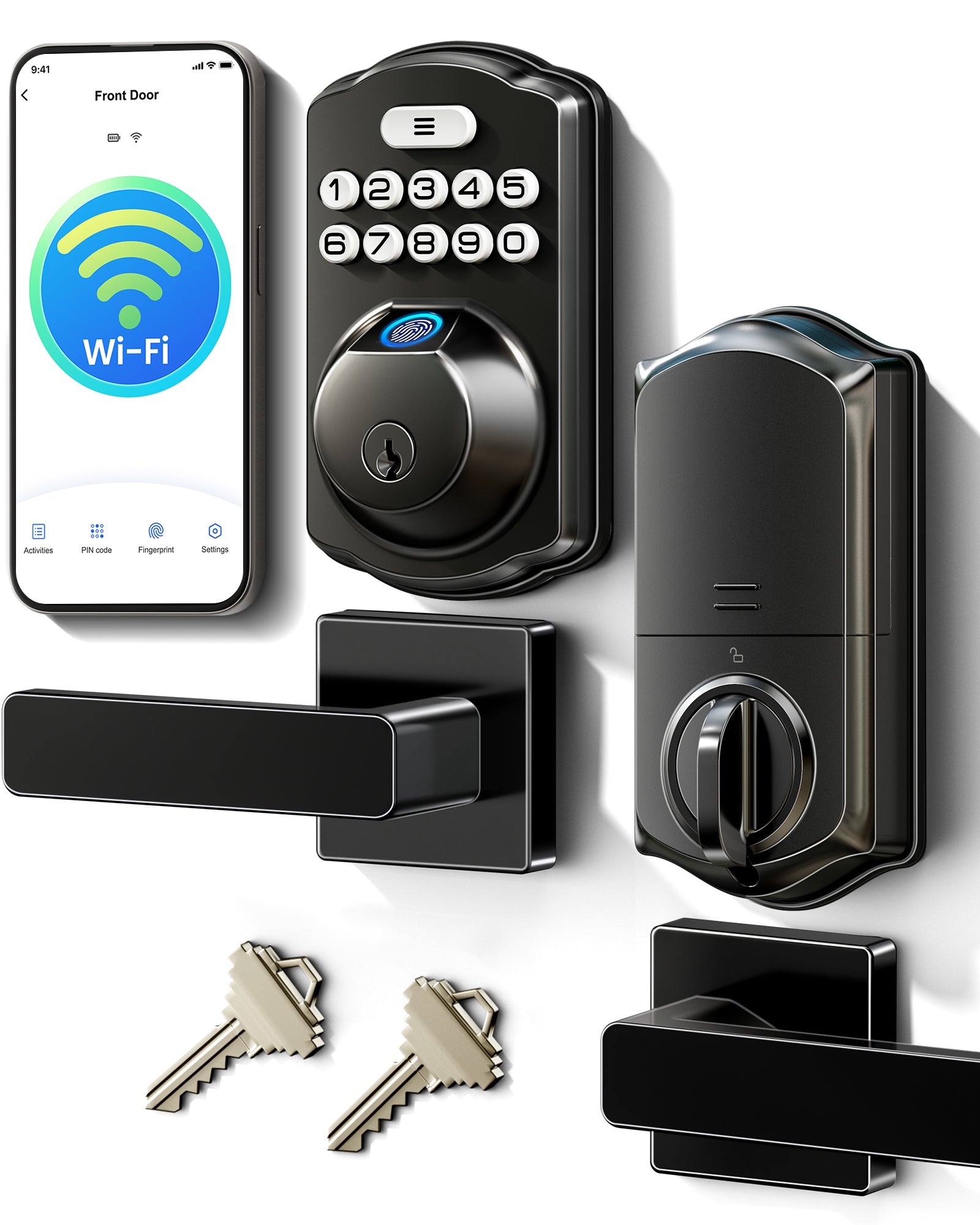 Veise VE012W-L Built-in WiFi Fingerprint Smart Lock with Level Handle Set, App Remote Control, Digital Backlit Keypad Deadbolt, Keyless Entry for Front Door, Voice Assistant, Auto Lock
