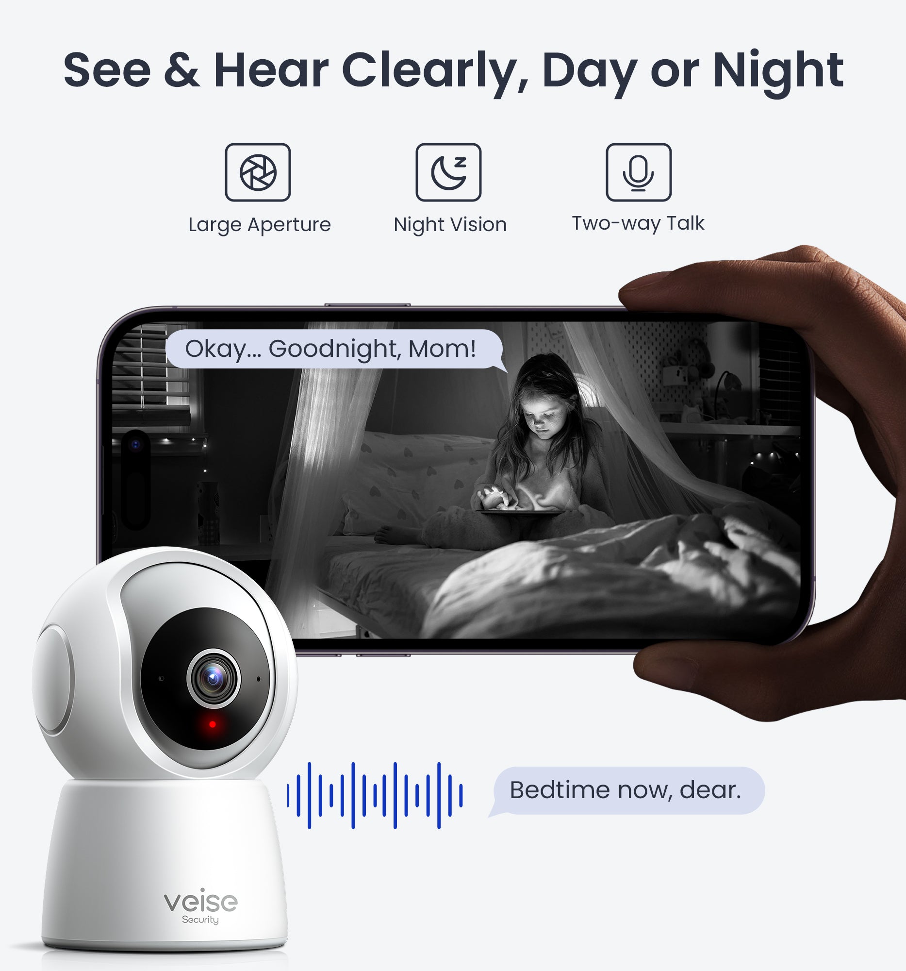 Veise 2K Security Camera Indoor 2.4GHz, 360° Pan/Tilt Cameras for Home Security, Pet & Baby Monitor, Motion Tracking, 2-Way Audio, IR Night Vision, Cloud & SD Card Storage, Works w/Alexa & Google Home