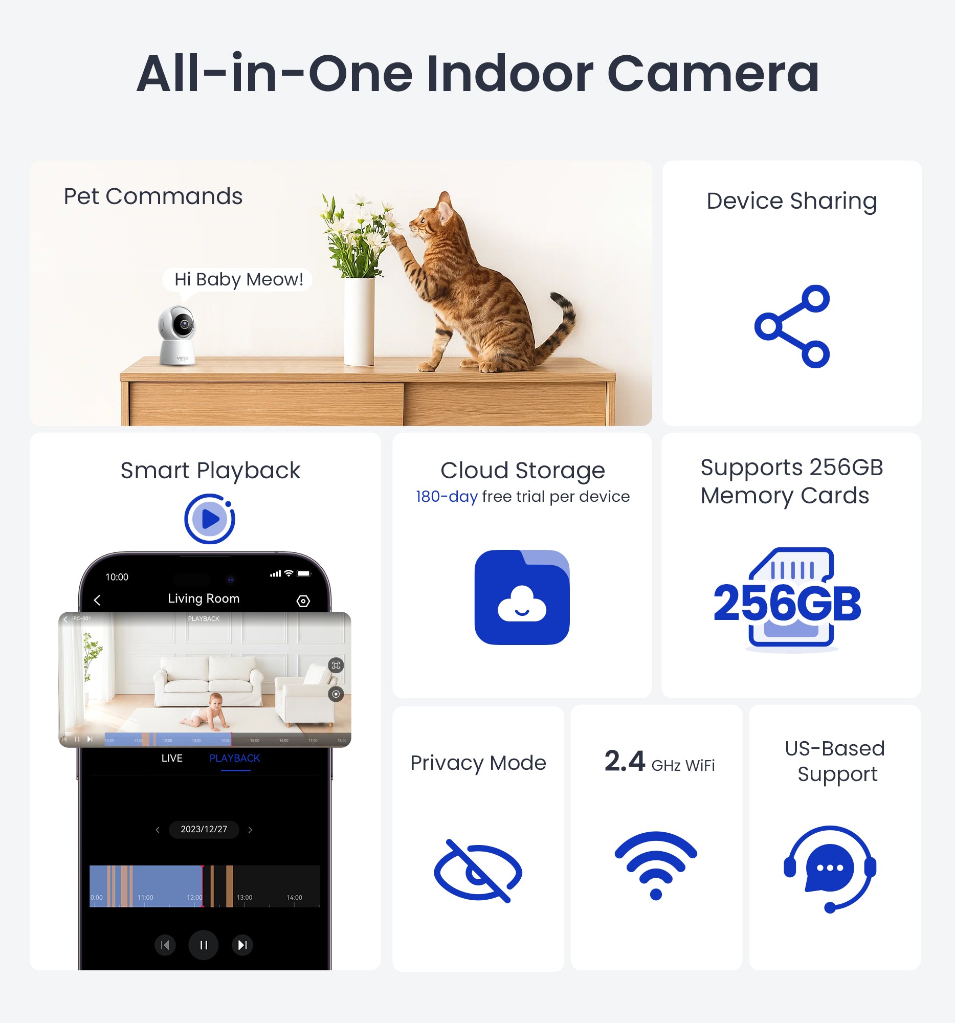 Veise 2K Security Camera Indoor 2.4GHz, 360° Pan/Tilt Cameras for Home Security, Pet & Baby Monitor, Motion Tracking, 2-Way Audio, IR Night Vision, Cloud & SD Card Storage, Works w/Alexa & Google Home