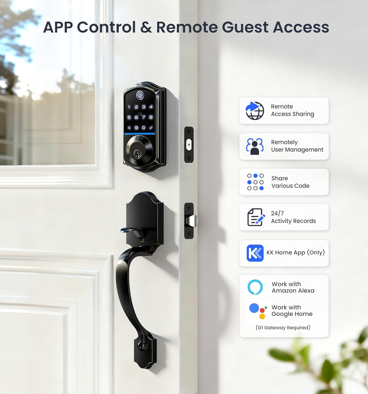 APP Control & Remote Guest Access:
KK Home App gives remote access sharing, user management, code sharing, and 24/7 activity records — Alexa and Google Home with Gateway 1.
