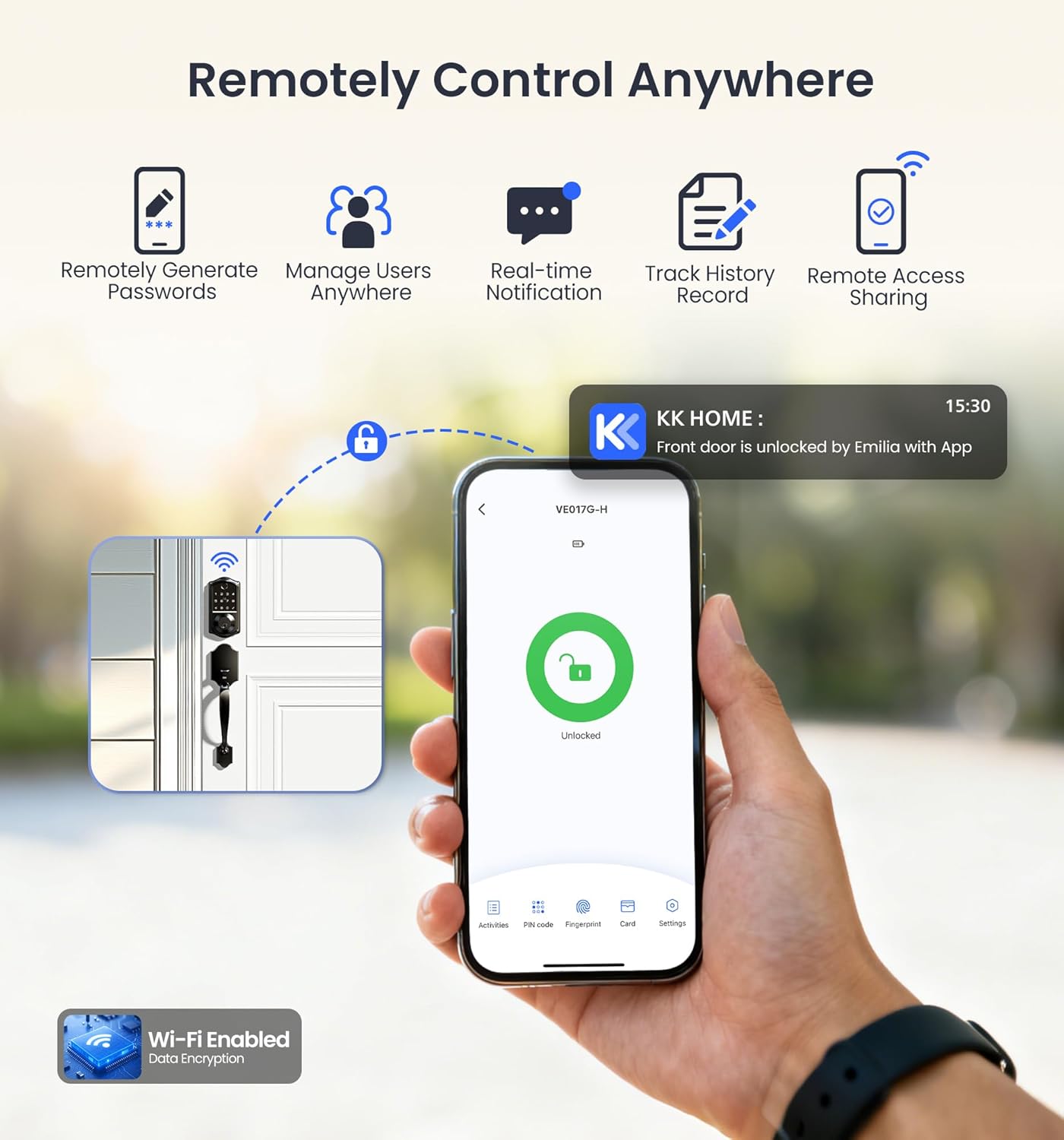 KK Home app enables remote password management, user control, activity history, and real-time notifications (G1 Gateway required).