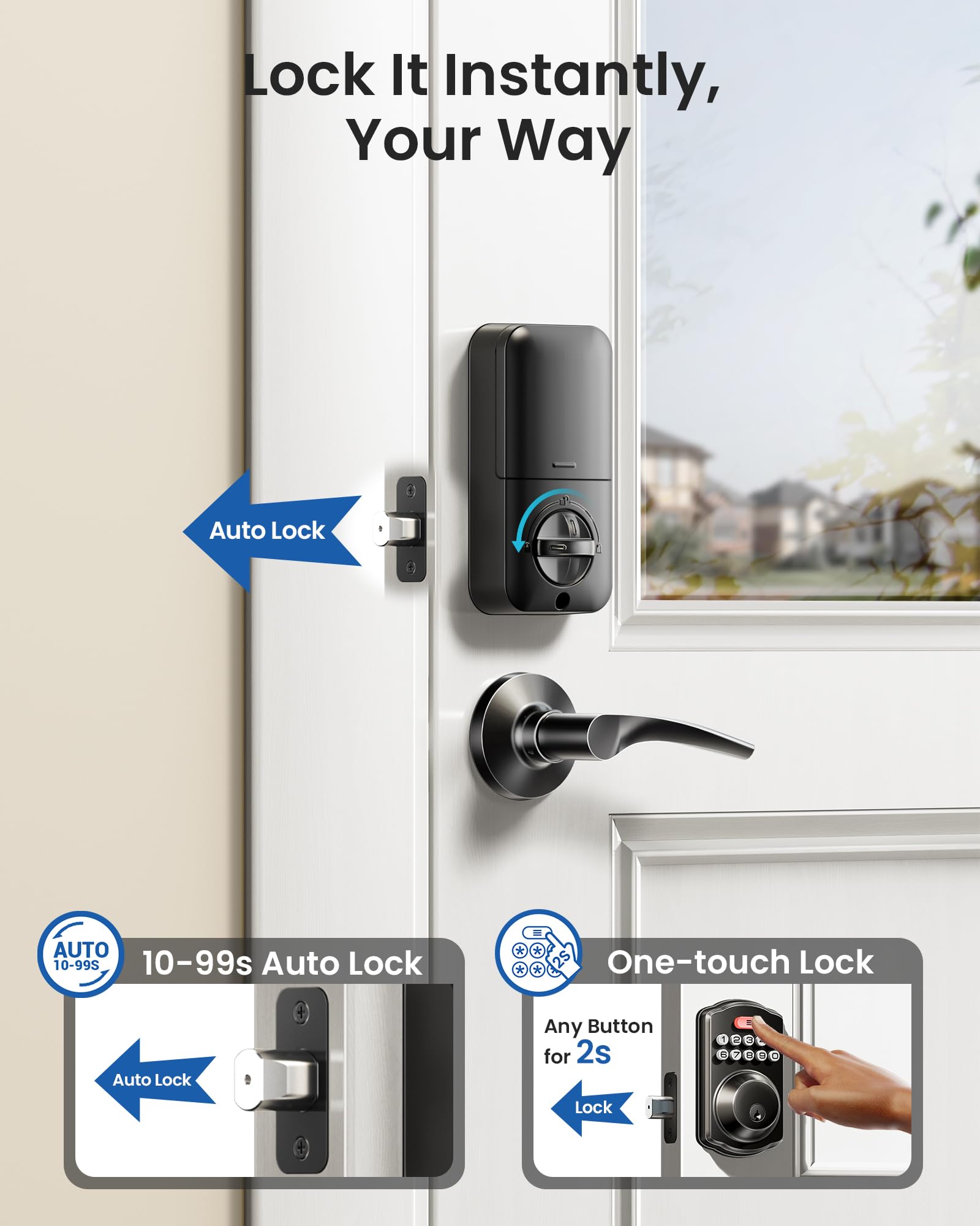 Veise Keyless Entry Door Lock with 2 Lever Handles - Electronic Keypad Deadbolt, Auto Lock, Easy Installation Digital Smart Code Door Lock, Front Door Lock Set, Matte Black