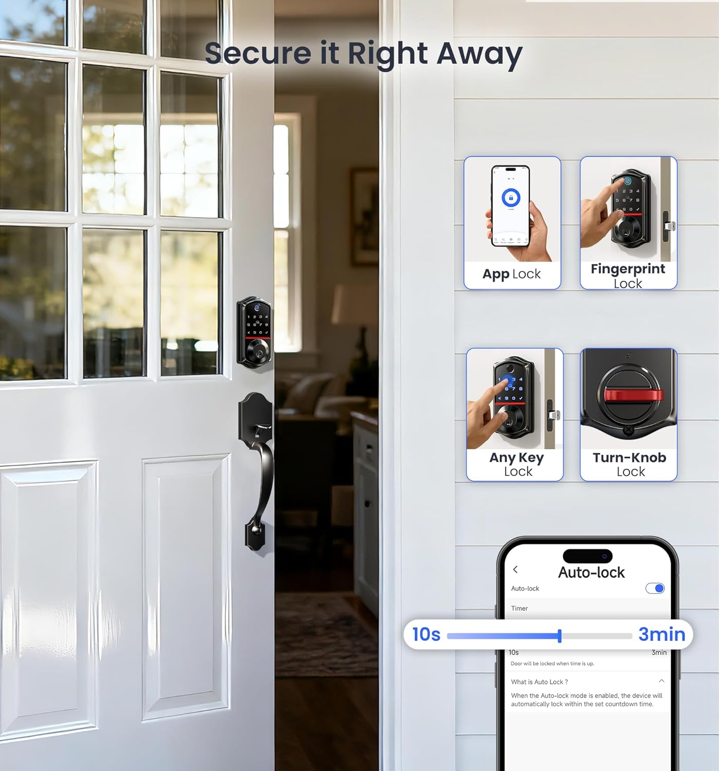 Instant Access in Multiple Ways:
AI fingerprint, PIN code, key fob, spare key, and KK Home App — voice control via Alexa or Google Home with Gateway 1.