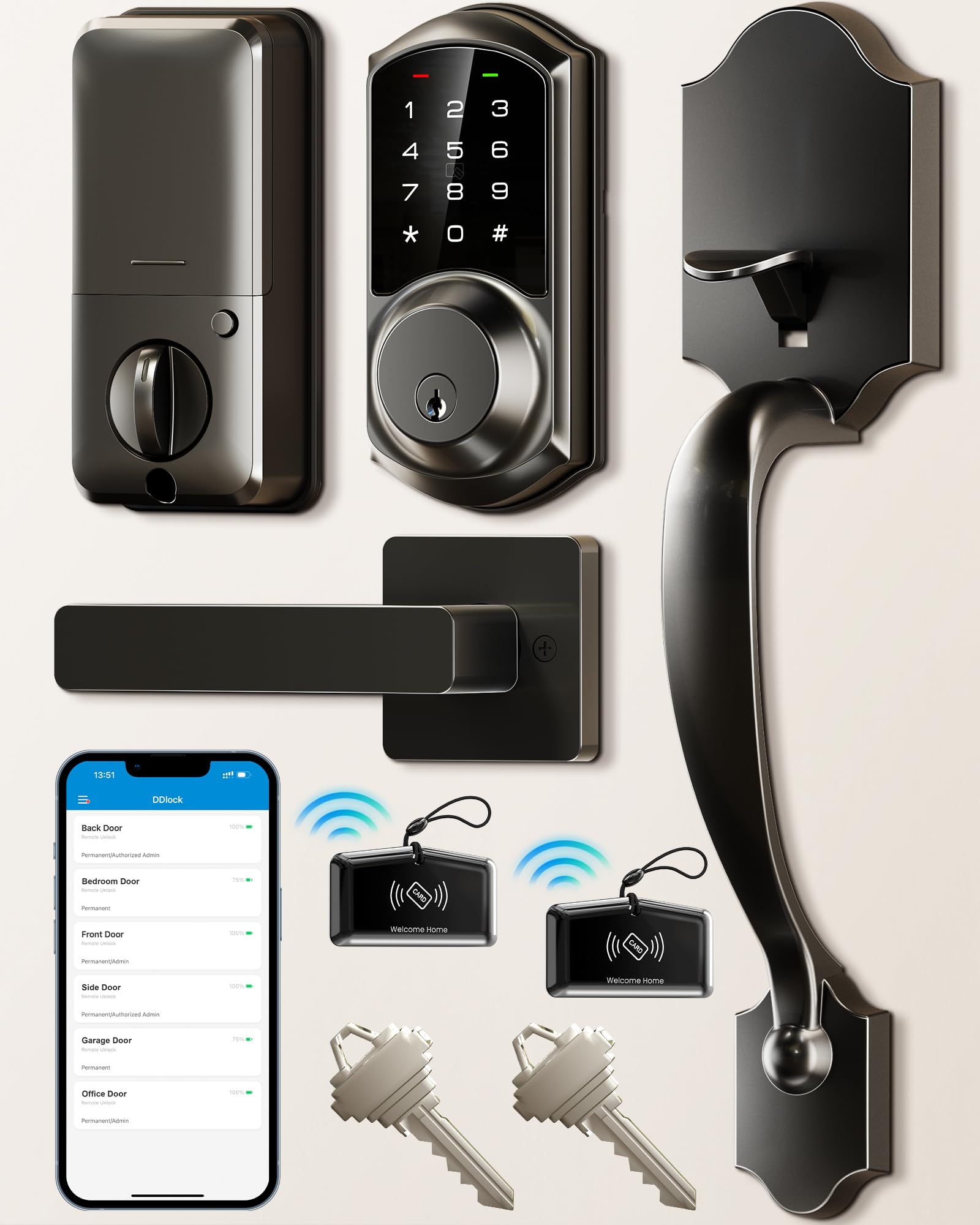 Veise Smart Front Door Lock Set, App Control, Keyless Entry Deadbolt with Lever Handle, Electronic Digital Touchscreen Keypad, Auto Lock, Easy Install