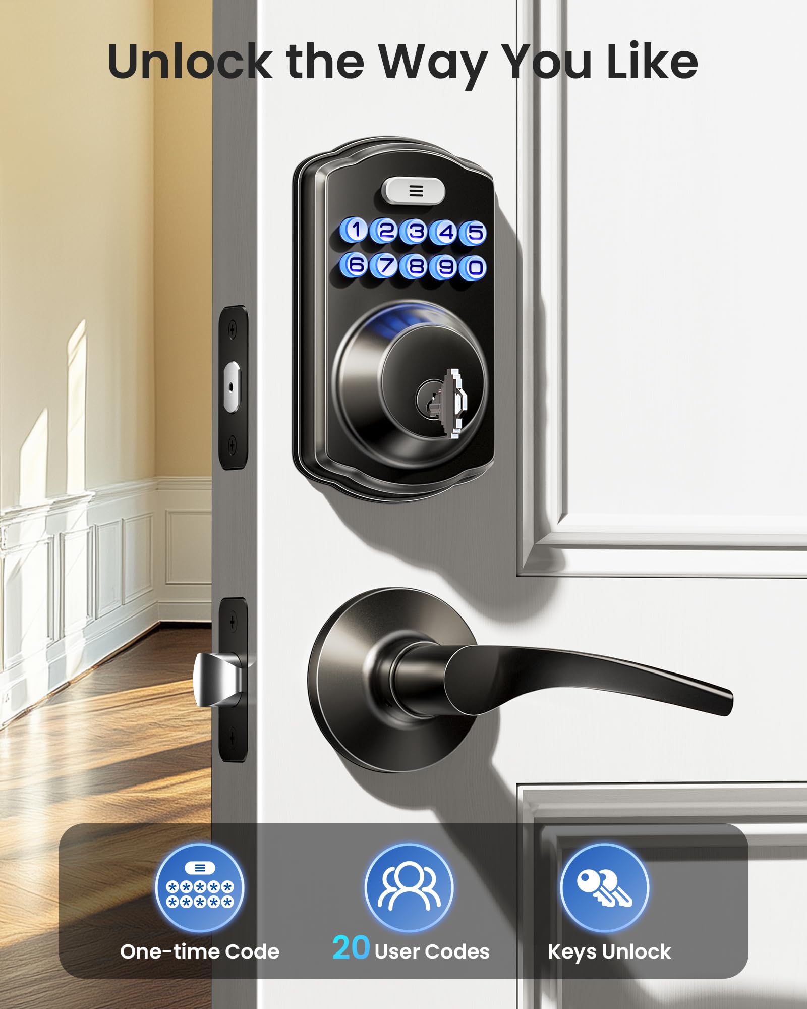 Veise Keyless Entry Door Lock with 2 Lever Handles - Electronic Keypad Deadbolt, Auto Lock, Easy Installation Digital Smart Code Door Lock, Front Door Lock Set, Matte Black