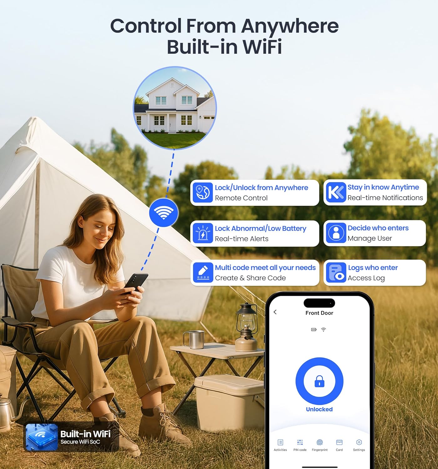 Woman at campsite controls front door remotely via KK Home app with built-in Wi-Fi, no hub needed.