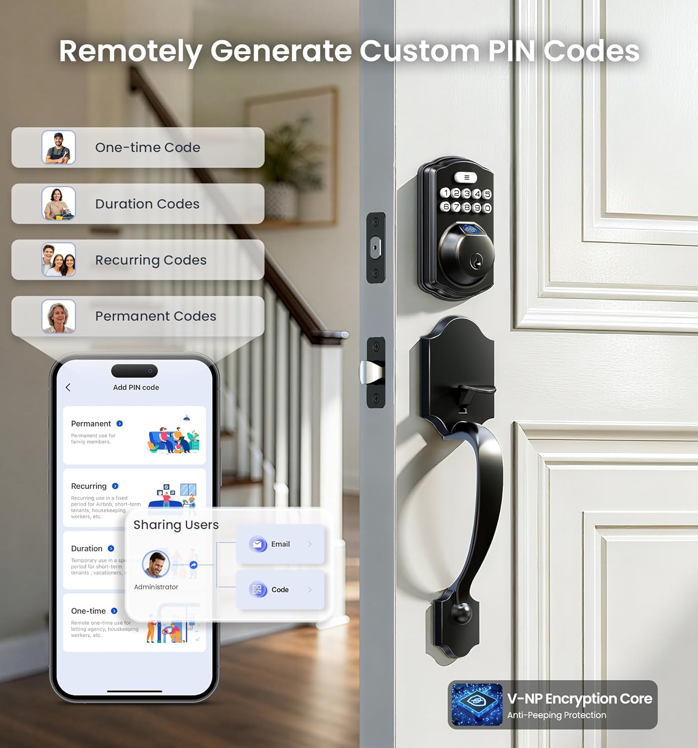 App interface showing one-time, duration, recurring, and permanent PIN codes with V-NP encryption anti-peep protection