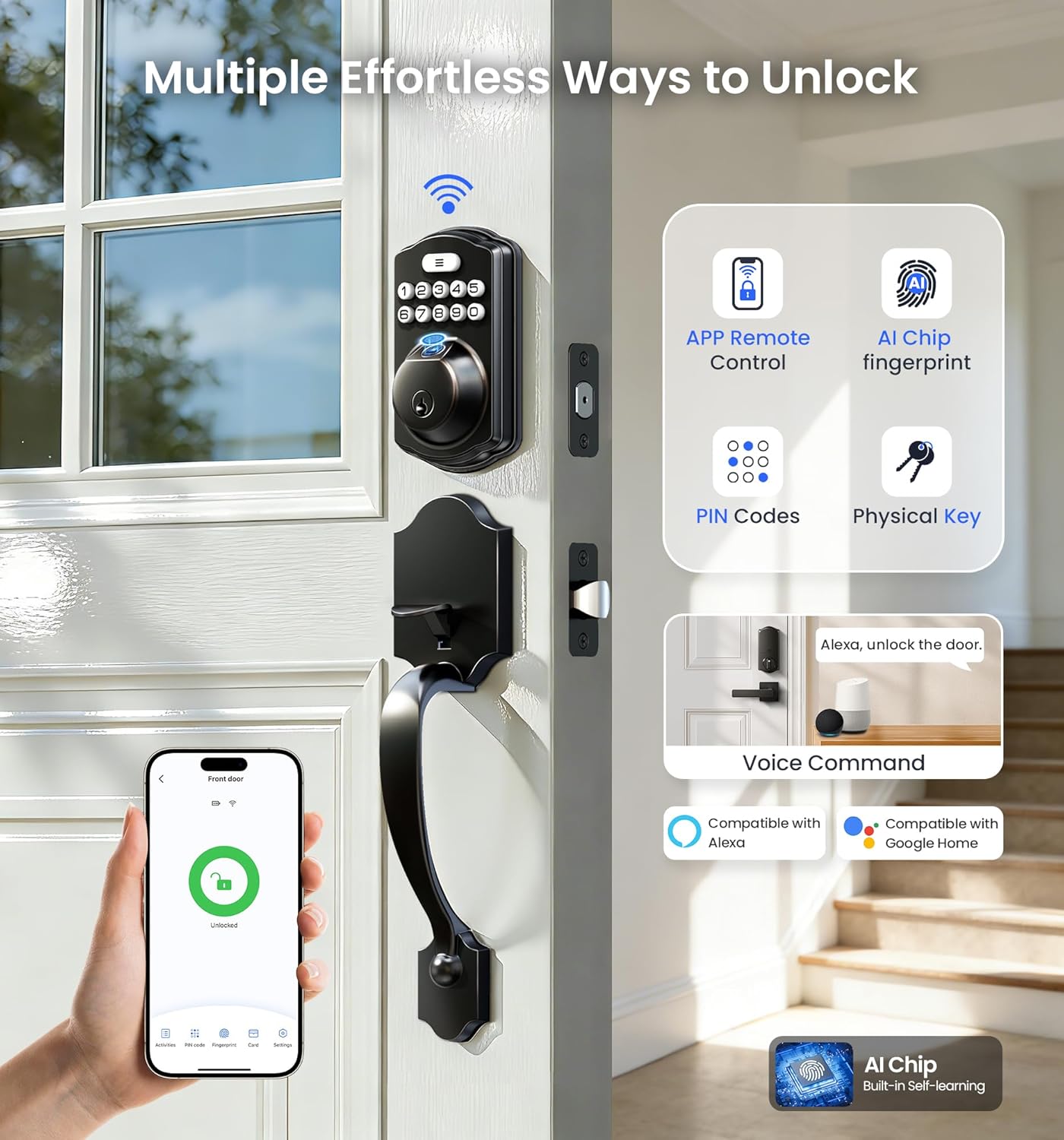 multiple entry ways via app, AI chip fingerprint, PIN code, physical key, and Alexa voice command
