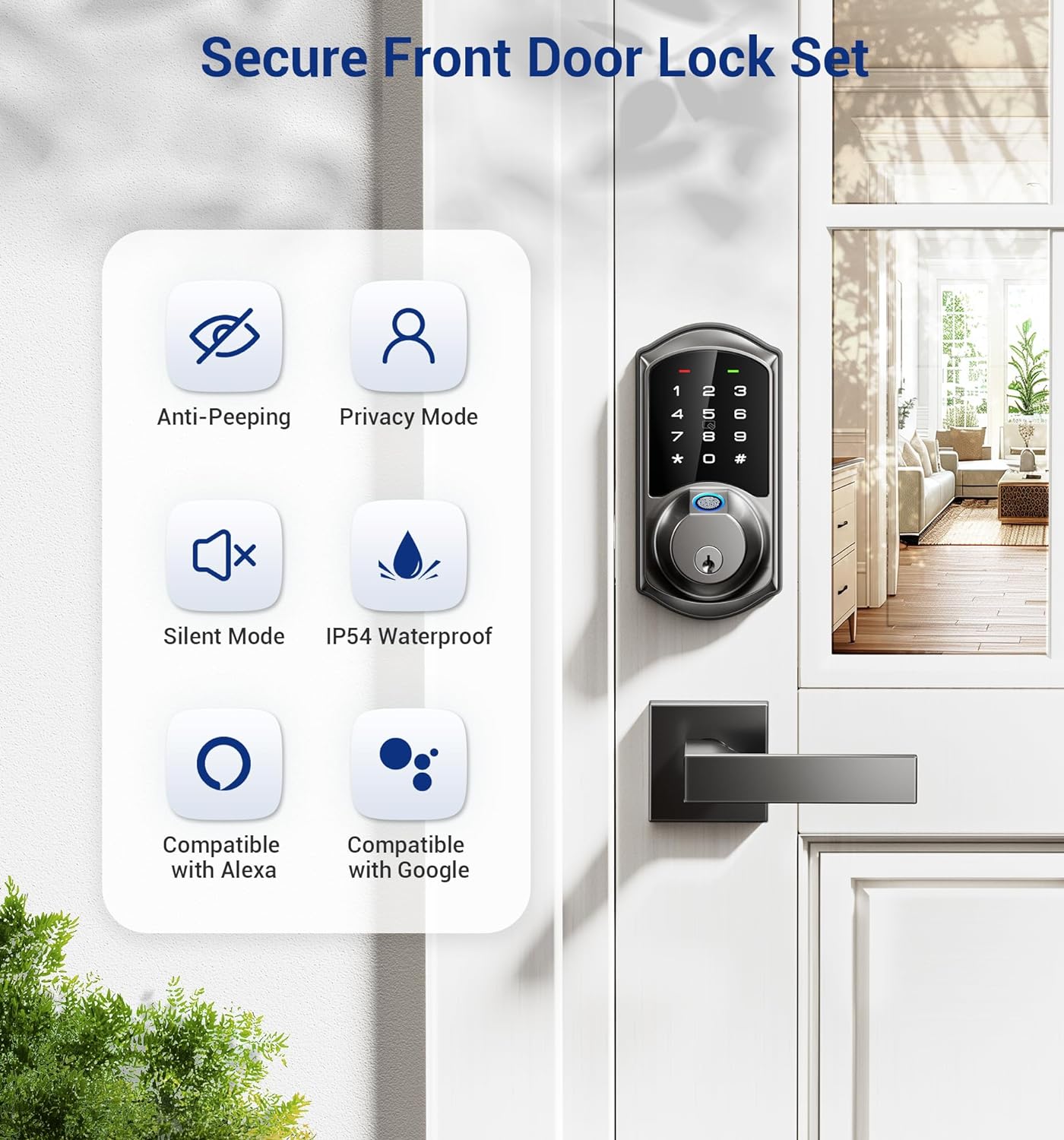 Security features include anti-peeping code, privacy mode, silent mode, and Alexa and Google compatibility